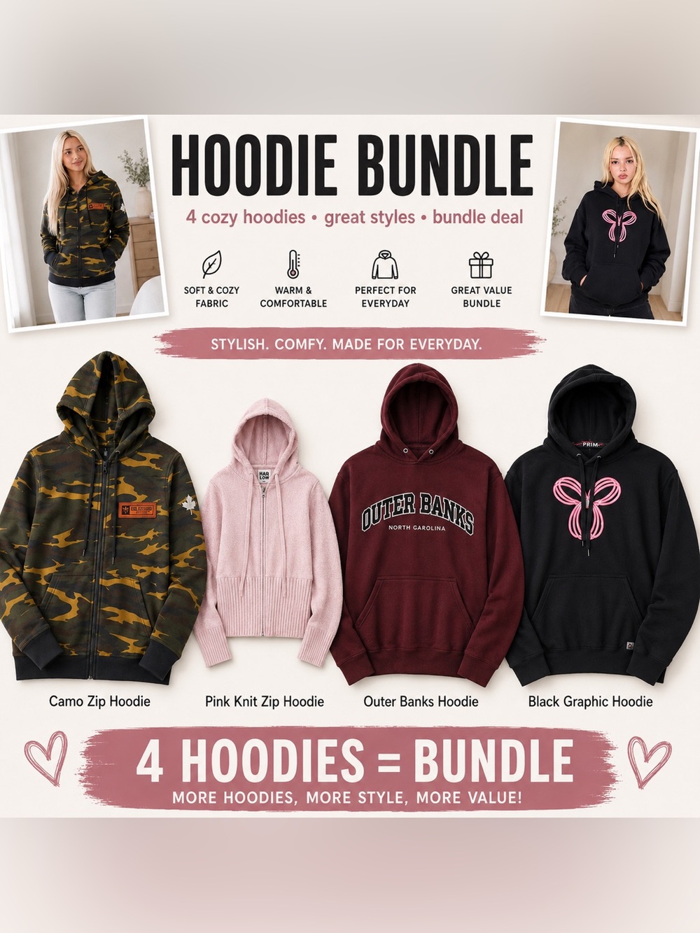 4-Piece Women’s Hoodie Bundle | Camo, Pink Knit, Outer Banks + Black Graphic